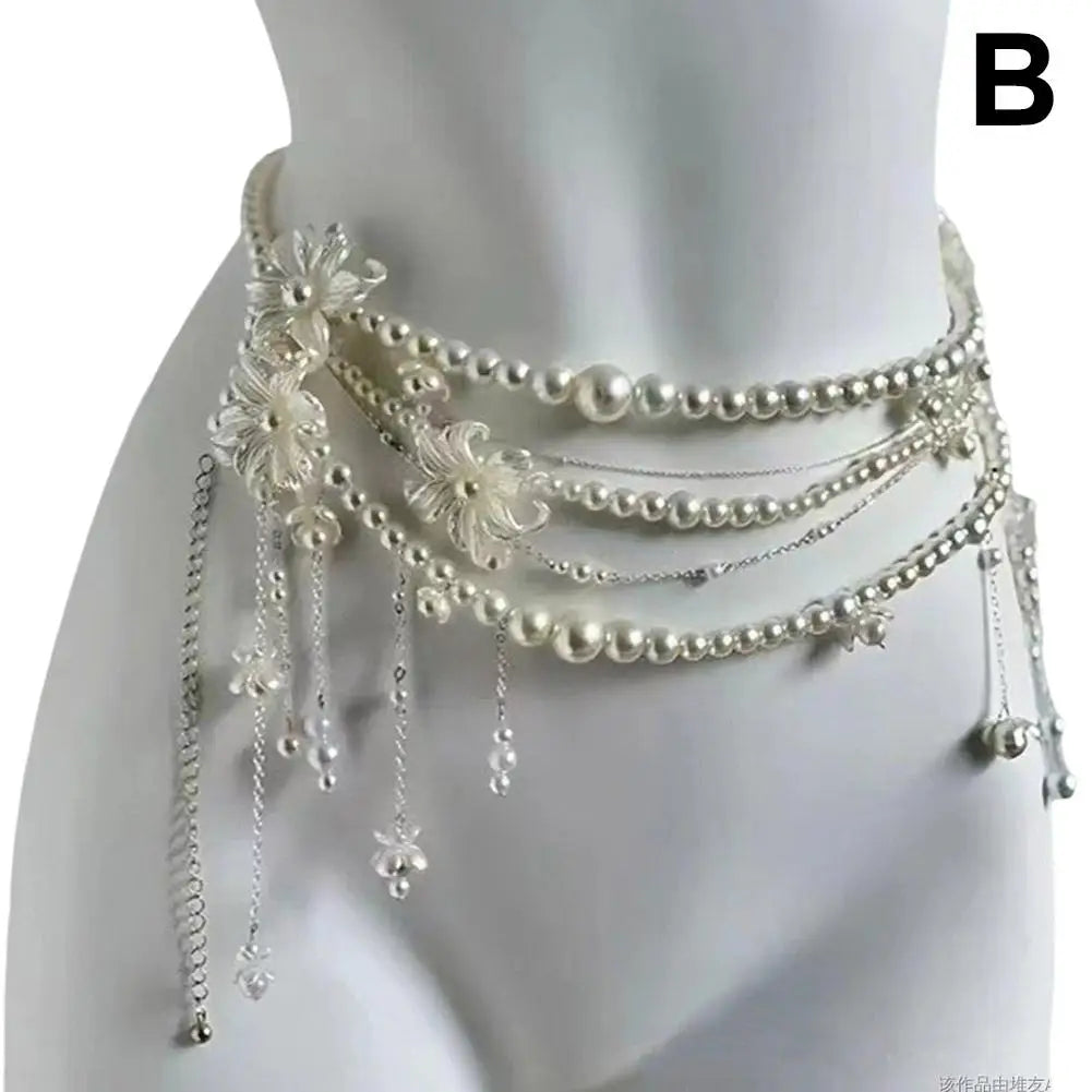 Y2K Designer belt Jewelry Multilayer Pearl waist chain for Women's Fashion Retro Character Playing Body Accessories Party Belts