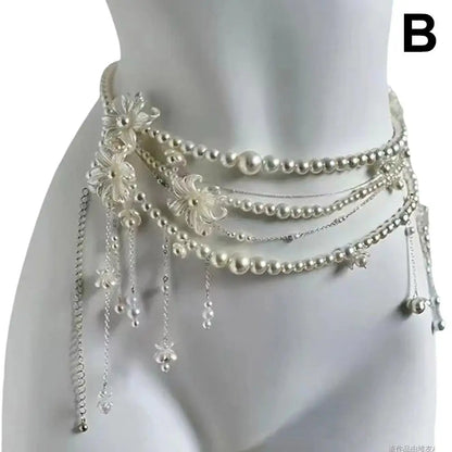 Y2K Designer belt Jewelry Multilayer Pearl waist chain for Women's Fashion Retro Character Playing Body Accessories Party Belts