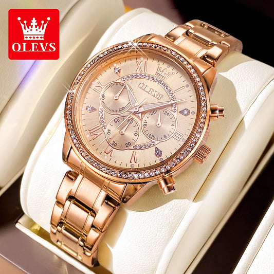 OLEVS TY715 Women Watch Top Luxury Brand Original Quartz Watch All Gold Diamond Classic Waterproof Three Small Dial Chronograph