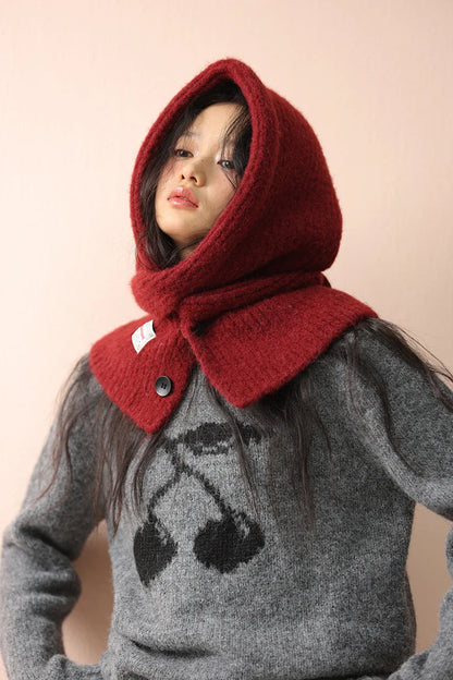 Korean Knitted Balaclava Hat Women's Winter Warm Scarf Integrated Hooded Scarf Knitted Wool Beanie Cap