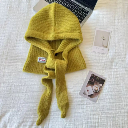 Korean Knitted Balaclava Hat Women's Winter Warm Scarf Integrated Hooded Scarf Knitted Wool Beanie Cap