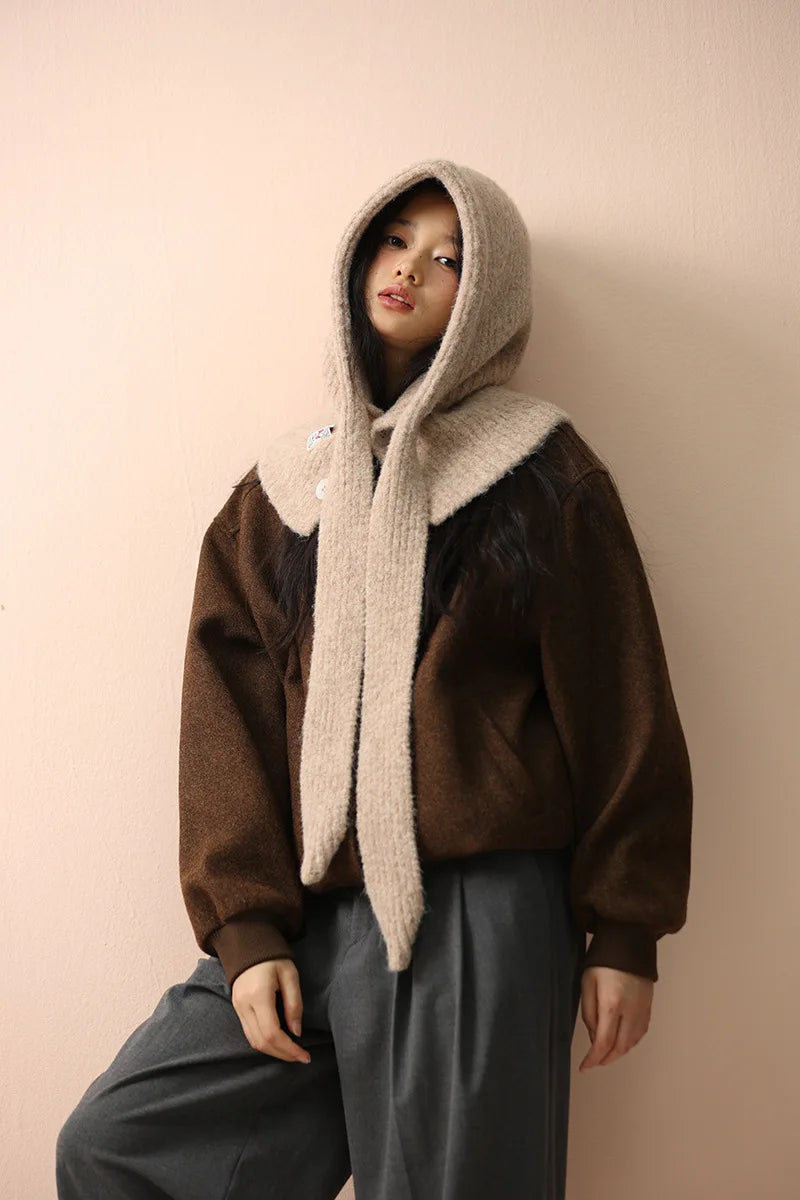 Korean Knitted Balaclava Hat Women's Winter Warm Scarf Integrated Hooded Scarf Knitted Wool Beanie Cap