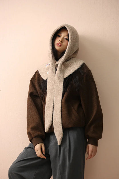 Korean Knitted Balaclava Hat Women's Winter Warm Scarf Integrated Hooded Scarf Knitted Wool Beanie Cap