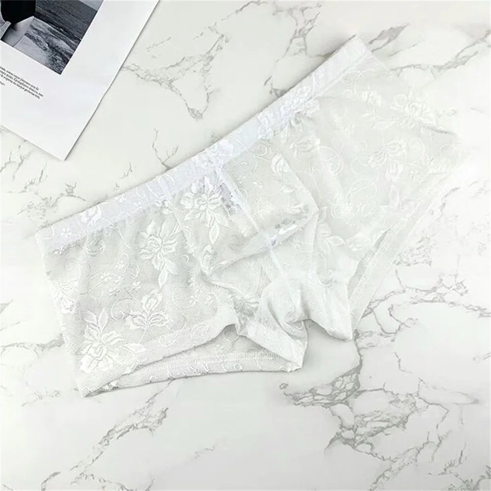 Sexy Transparent Jacquard Lace Boxer Shorts Low Waist Slim Fit Men's Underwear Male U-shaped Convex Comfortable Trunks