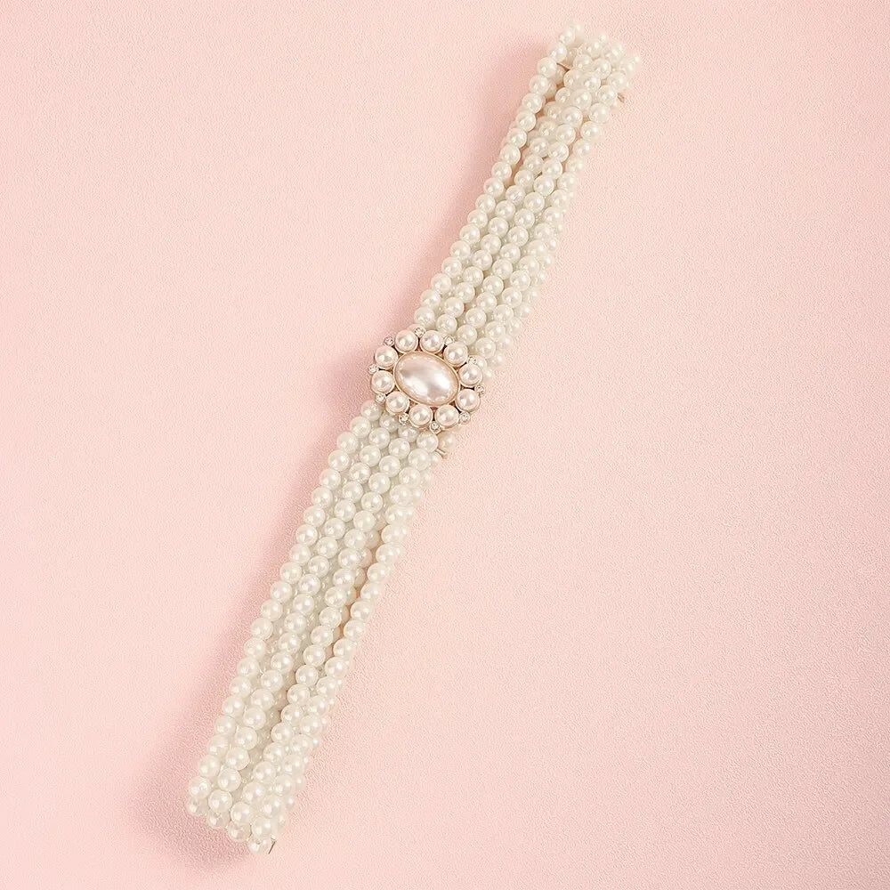 1 Piece With White Pearl Belt Elastic Oval Buckle Fashion Women's Waist Chain