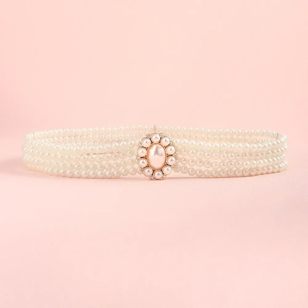 1 Piece With White Pearl Belt Elastic Oval Buckle Fashion Women's Waist Chain