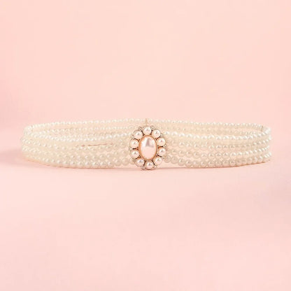 1 Piece With White Pearl Belt Elastic Oval Buckle Fashion Women's Waist Chain