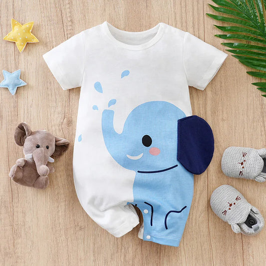 Elephant blue Cute New Onesie Toddler Newborn 0-18 Months Casual Simple 100% Cotton Print Clothes Round Neck Comfortable Cartoon