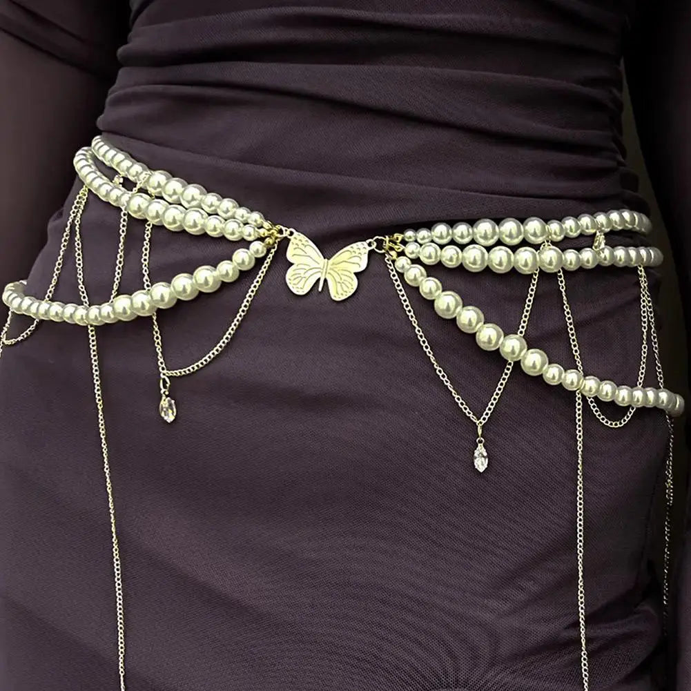 Y2K Designer belt Jewelry Multilayer Pearl waist chain for Women's Fashion Retro Character Playing Body Accessories Party Belts