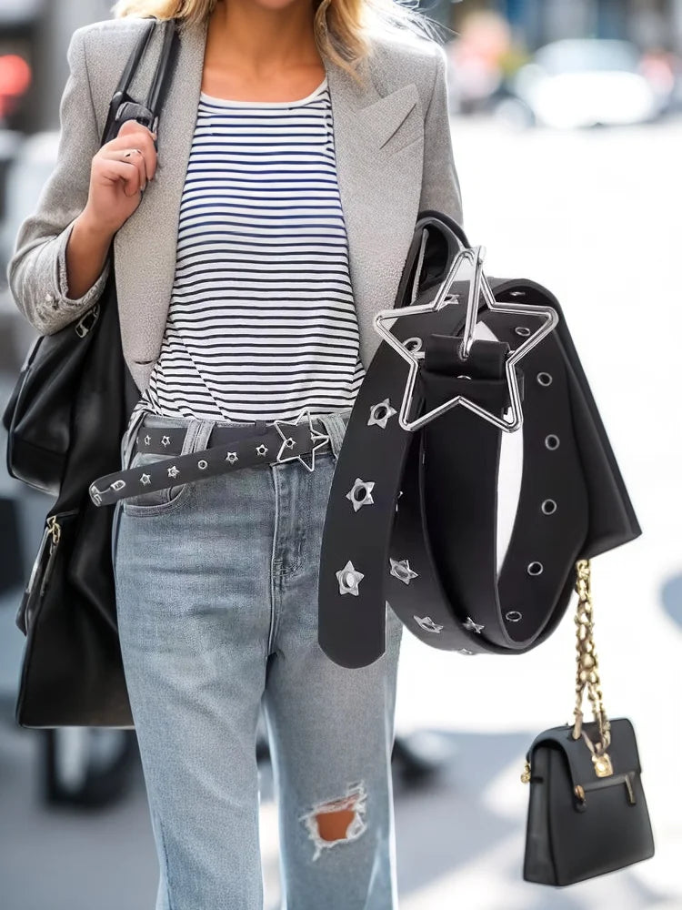 Pentagram Eye Rivet Belt Goth Style Double Pin Buckle Man/woman Fashion Casual Punk Style Pu Leather Waistband For Jeans Y2KBelt