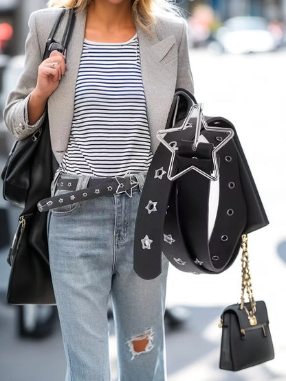 Pentagram Eye Rivet Belt Goth Style Double Pin Buckle Man/woman Fashion Casual Punk Style Pu Leather Waistband For Jeans Y2KBelt