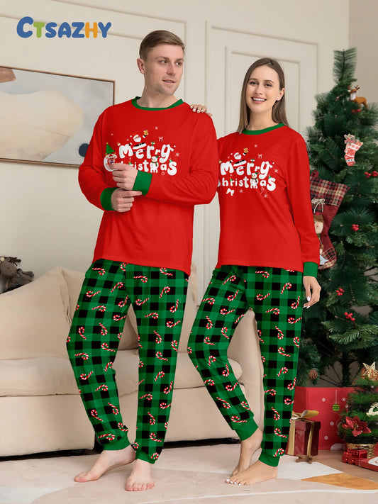 Merry Christmas Couple Matching Pajamas Candy Cane Green Black Plaid Long Sleeve Sleepwear