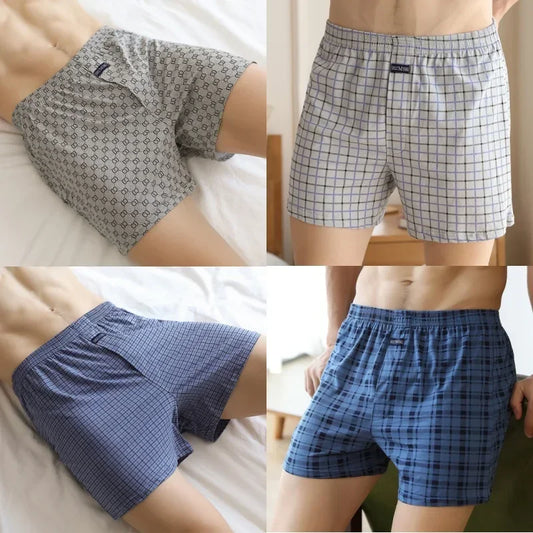 Plus Size 100% Cotton Plaid Boxer Shorts Men Widen Waist Elastic Underwear Loose High Waist Summer Thin Breathable Home Shorts