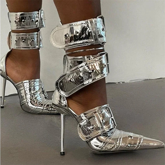 Blue Denim Metal Rivet Buckle Silver Sandals Women Sexy Punk Style Pointed Metal Hollow 12cm High Heels Size 34-43 Womens Shoes