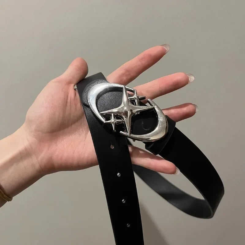 Fashion Pink Black White Moon Star Y2K Belts for Women Spice Girls PU Leather Retro Punk Metal Jeans Pants Decorative Belt Waist