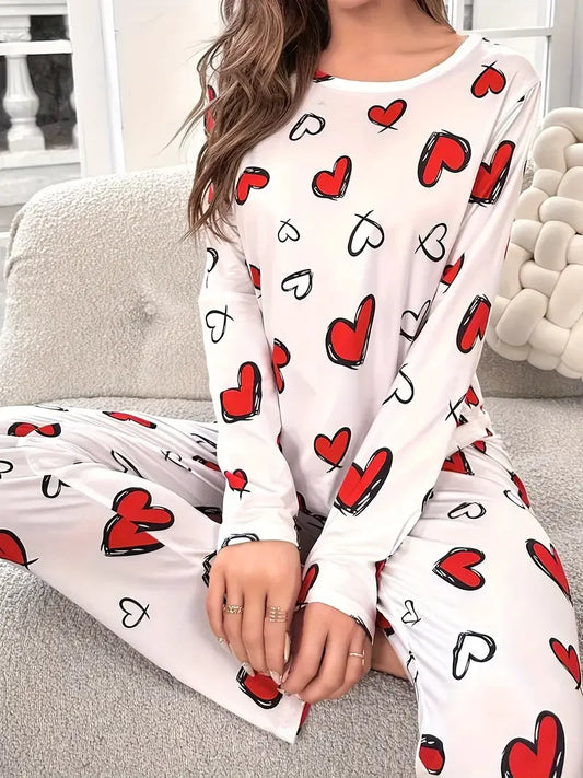 Autumn Winter Sleepwear Women Heart Print Knitted Round-Neck Loose Tops and Elastic Long Pants Pajama Set Loungewear
