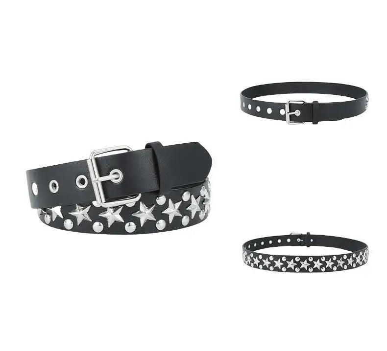Silver Star Rivet Belt Unisex Fashion Trendy All-Match Jeans Accessories Girdle Hip Hop Punk Y2k Girls Black Pu Waistband
