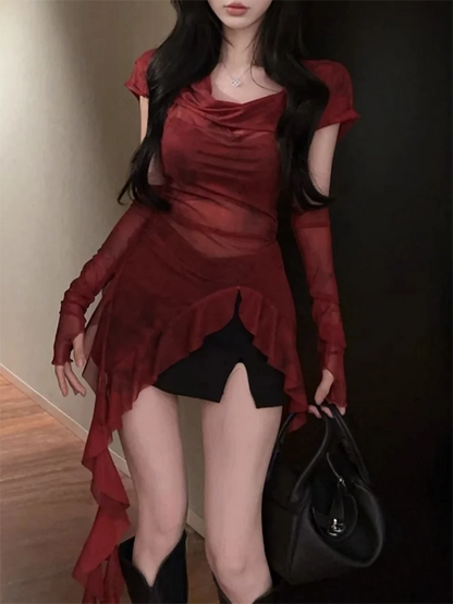 Red Mesh See Through Top Streetwear Hooded T-shirt Irregular Ruffle Oversleeve Tops for Women Sexy Y2k Clothing