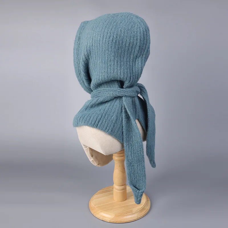 Korean Knitted Balaclava Hat Women's Winter Warm Scarf Integrated Hooded Scarf Knitted Wool Beanie Cap