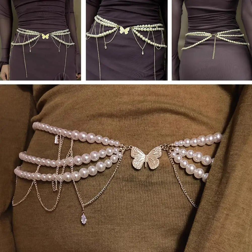 Y2K Designer belt Jewelry Multilayer Pearl waist chain for Women's Fashion Retro Character Playing Body Accessories Party Belts
