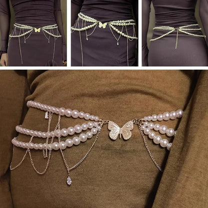 Y2K Designer belt Jewelry Multilayer Pearl waist chain for Women's Fashion Retro Character Playing Body Accessories Party Belts