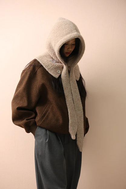 Korean Knitted Balaclava Hat Women's Winter Warm Scarf Integrated Hooded Scarf Knitted Wool Beanie Cap