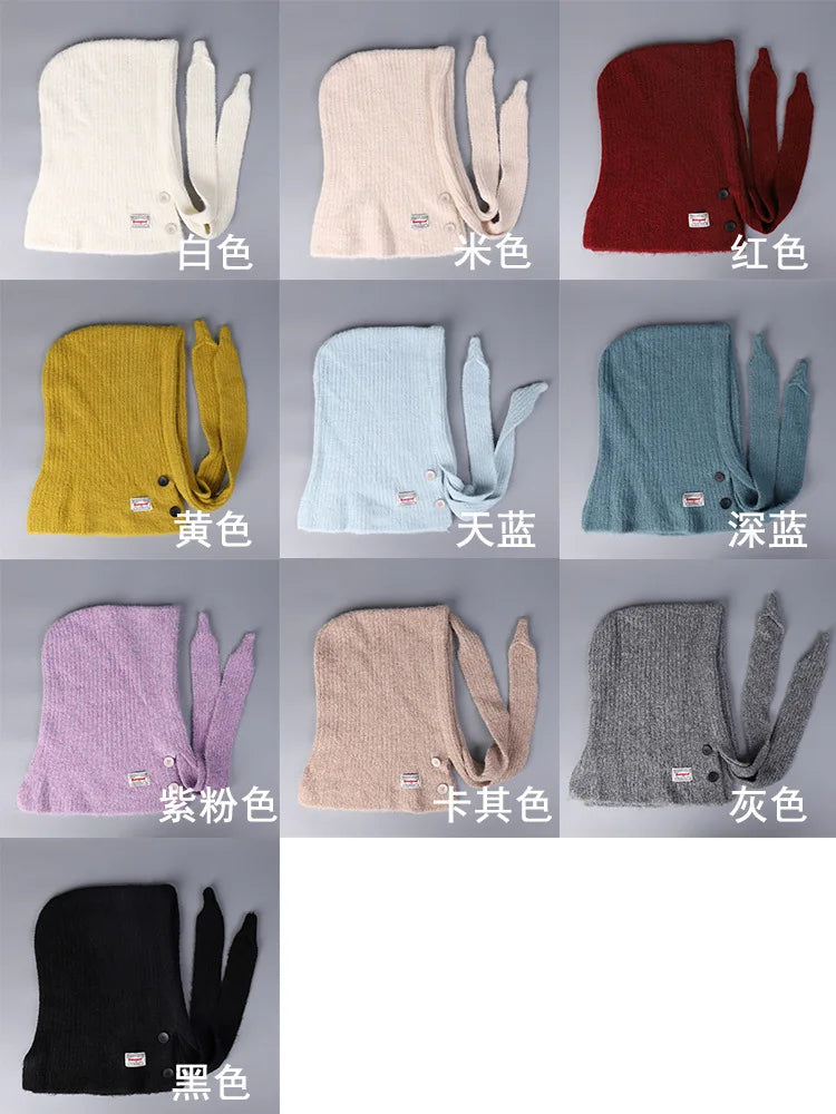 Korean Knitted Balaclava Hat Women's Winter Warm Scarf Integrated Hooded Scarf Knitted Wool Beanie Cap