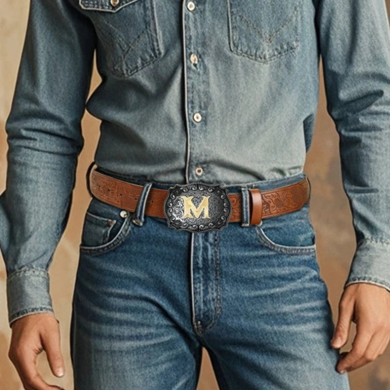 New Men's Belt Western Cowboy PU Leather Belt - Men Waist Strap Bull Decoration Floral Engraved for Jeans