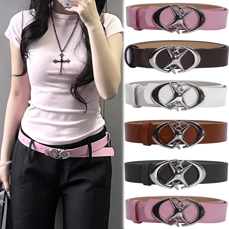 Fashion Pink Black White Moon Star Y2K Belts for Women Spice Girls PU Leather Retro Punk Metal Jeans Pants Decorative Belt Waist