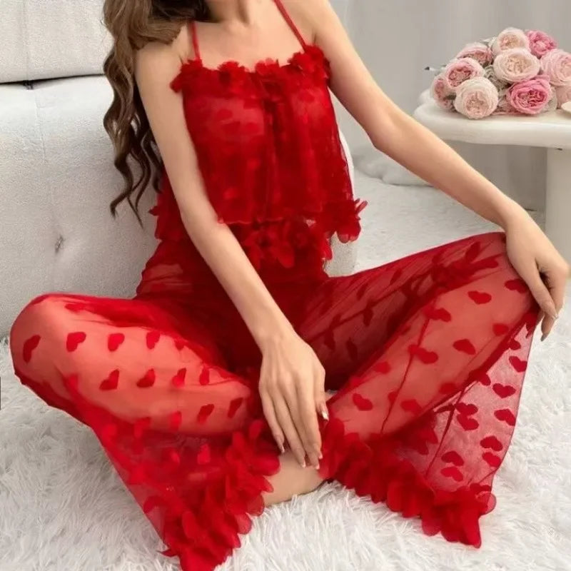 Sexy Pajamas Lace Perspective Loungewear Sling Vest Set Red Love Large Size Net Sexy Sleepwear  Clothes for Women