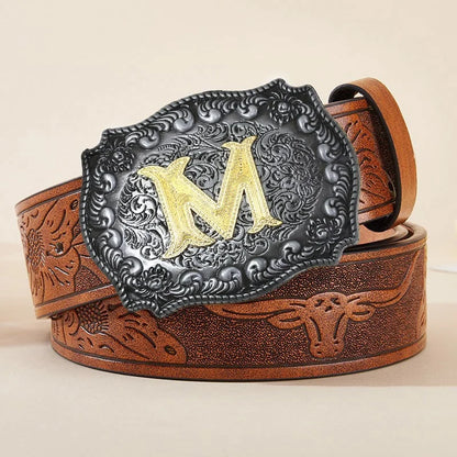 New Men's Belt Western Cowboy PU Leather Belt - Men Waist Strap Bull Decoration Floral Engraved for Jeans