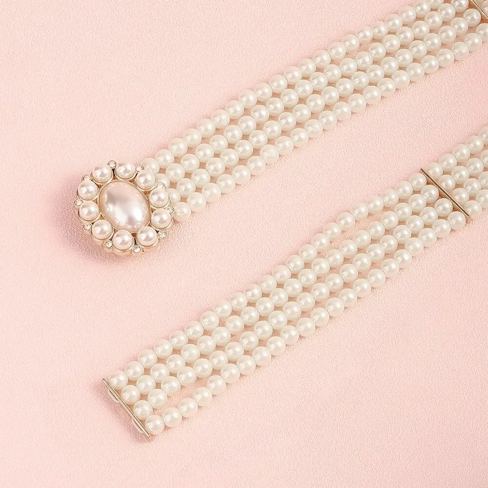 1 Piece With White Pearl Belt Elastic Oval Buckle Fashion Women's Waist Chain