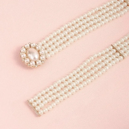1 Piece With White Pearl Belt Elastic Oval Buckle Fashion Women's Waist Chain