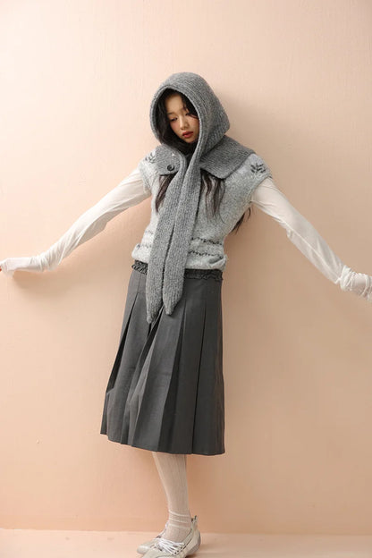 Korean Knitted Balaclava Hat Women's Winter Warm Scarf Integrated Hooded Scarf Knitted Wool Beanie Cap