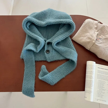 Korean Knitted Balaclava Hat Women's Winter Warm Scarf Integrated Hooded Scarf Knitted Wool Beanie Cap