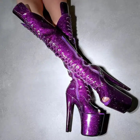 18cm - 20cm Pole Dancing High Heels Over-The-Knee Boots Stage Performance Purple Long Boots