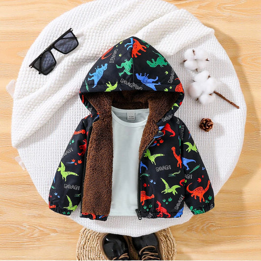 Boys Hooded Jacket Girls Cartoon Dinosaur Windbreaker Autumn /Winter Fleece Warm Coat Outdoor Clothes Infant Baby Outerwear 1-3Y