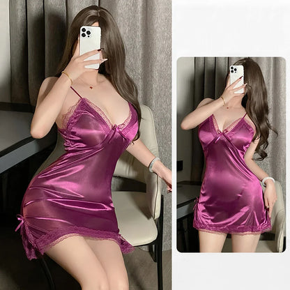 Women Sexy Lingerie Satin Suspender Nightdress Thong Pajama Thin Lace Slit Bow Singlets Dress Teddies Bodysuit Outfit Nightdress