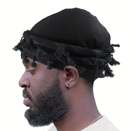 2026 Vintage Twist Head Wraps Durag With Tassel for Men Black Grey Turban Scarf Tie Boys Hair Wrap