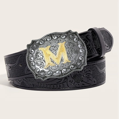 New Men's Belt Western Cowboy PU Leather Belt - Men Waist Strap Bull Decoration Floral Engraved for Jeans
