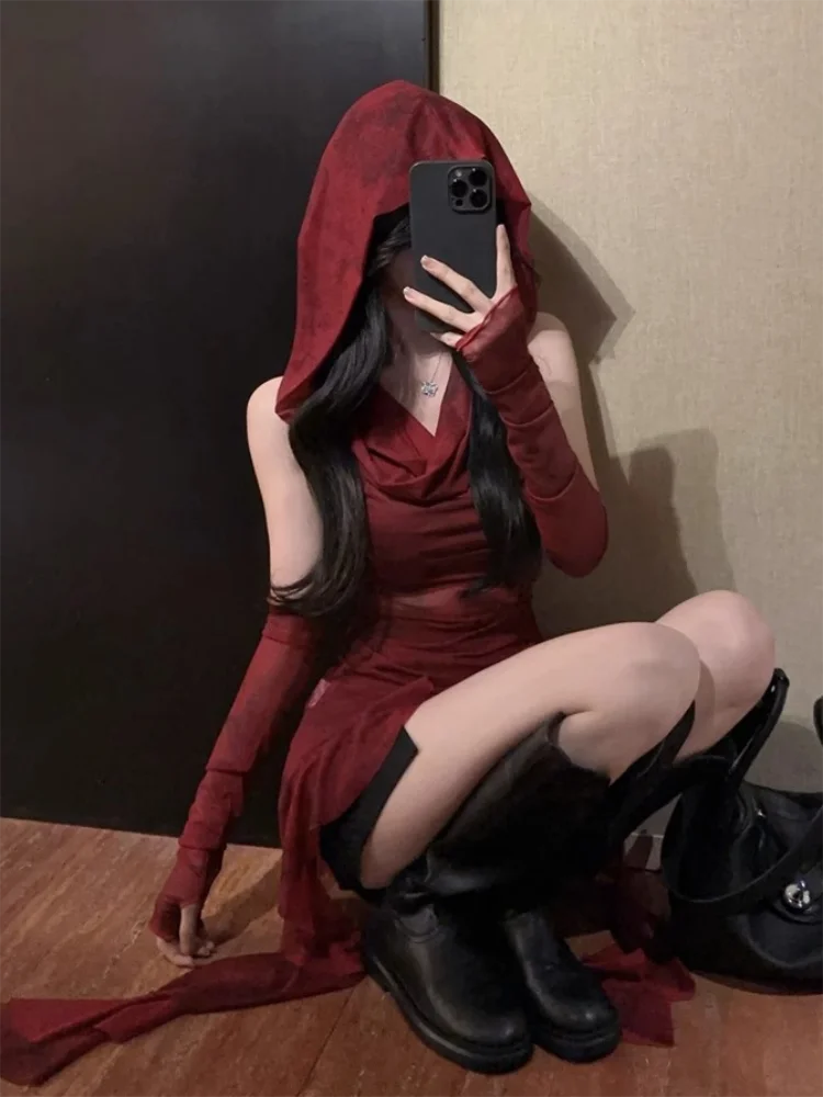 Red Mesh See Through Top Streetwear Hooded T-shirt Irregular Ruffle Oversleeve Tops for Women Sexy Y2k Clothing