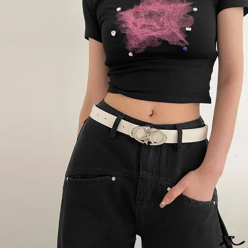 Fashion Pink Black White Moon Star Y2K Belts for Women Spice Girls PU Leather Retro Punk Metal Jeans Pants Decorative Belt Waist