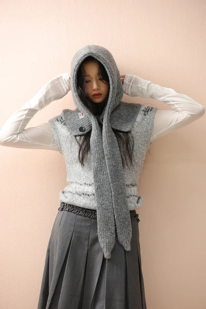 Korean Knitted Balaclava Hat Women's Winter Warm Scarf Integrated Hooded Scarf Knitted Wool Beanie Cap