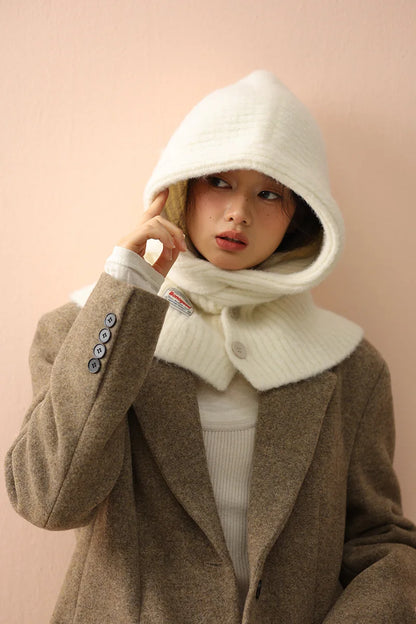 Korean Knitted Balaclava Hat Women's Winter Warm Scarf Integrated Hooded Scarf Knitted Wool Beanie Cap