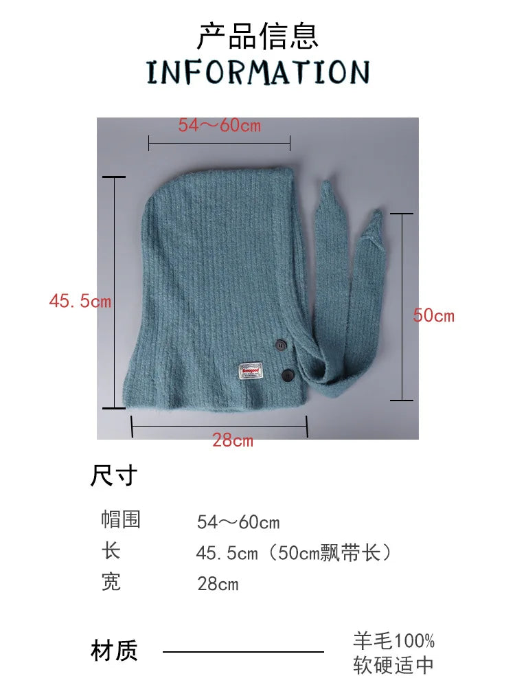 Korean Knitted Balaclava Hat Women's Winter Warm Scarf Integrated Hooded Scarf Knitted Wool Beanie Cap