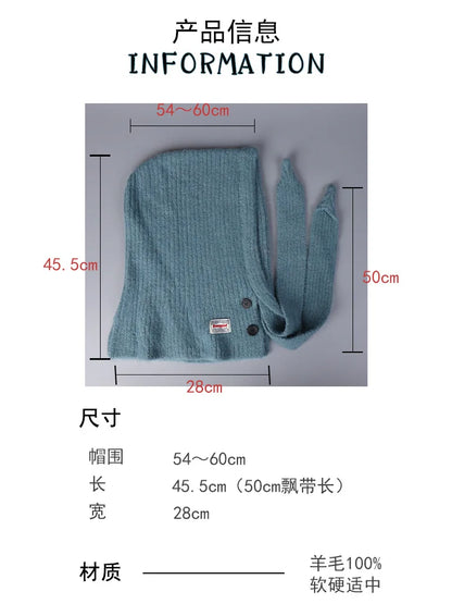 Korean Knitted Balaclava Hat Women's Winter Warm Scarf Integrated Hooded Scarf Knitted Wool Beanie Cap