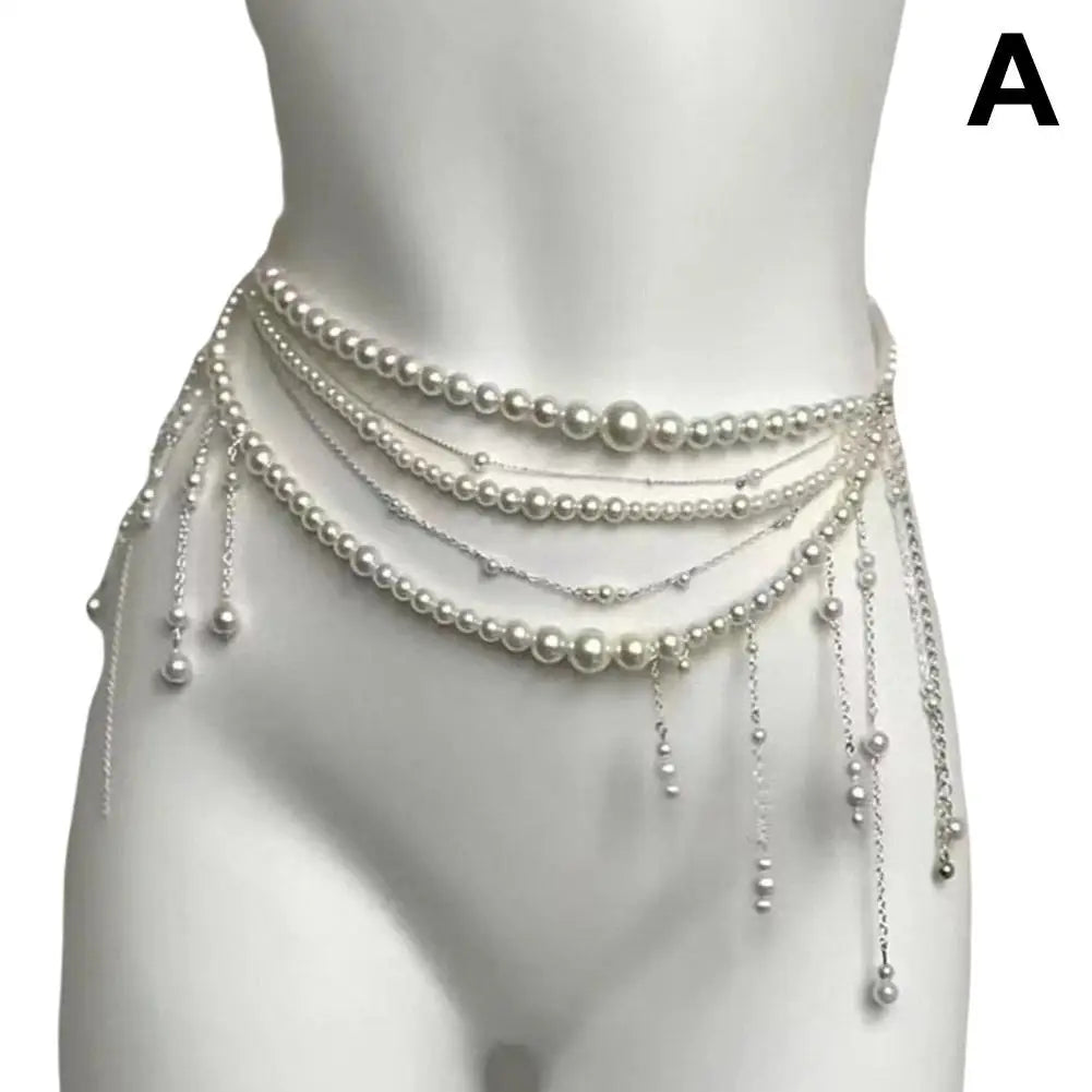 Y2K Designer belt Jewelry Multilayer Pearl waist chain for Women's Fashion Retro Character Playing Body Accessories Party Belts