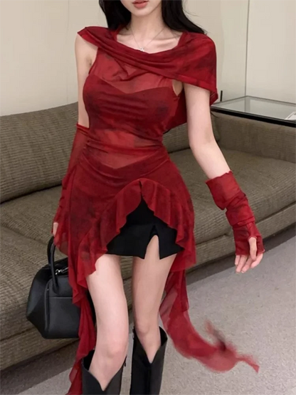 Red Mesh See Through Top Streetwear Hooded T-shirt Irregular Ruffle Oversleeve Tops for Women Sexy Y2k Clothing