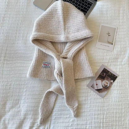 Korean Knitted Balaclava Hat Women's Winter Warm Scarf Integrated Hooded Scarf Knitted Wool Beanie Cap