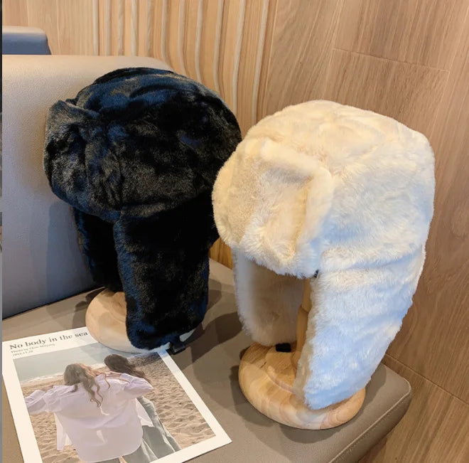 Women's Winter Thickened Warm Beanie Russian Caps Korean Fashion Ushanka Earflap Pilot Hat Women's Trend Bomber Hat Adjustable